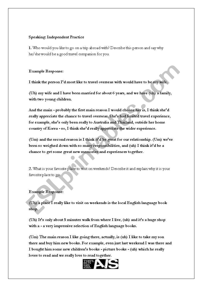 TOEFL Speaking worksheet