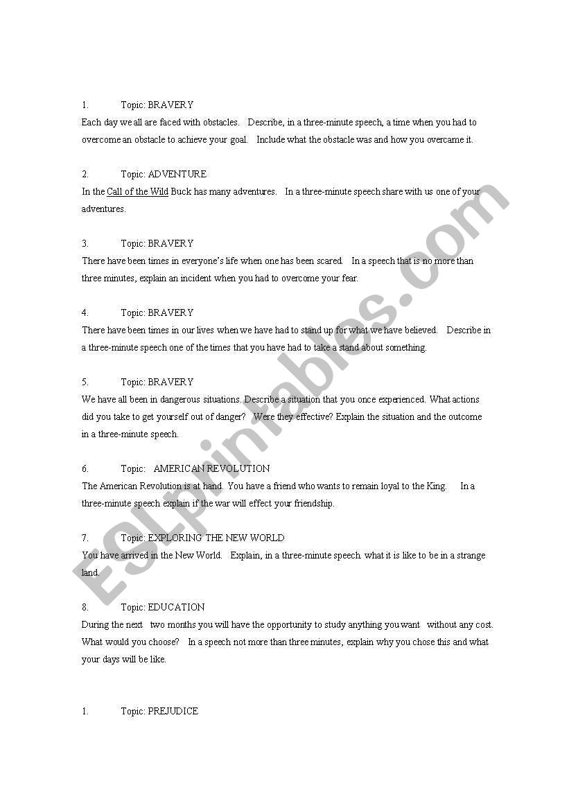 TOEFL Speaking Prompts worksheet