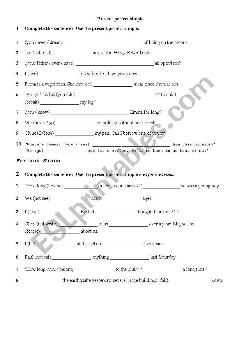 present perfect simple worksheet