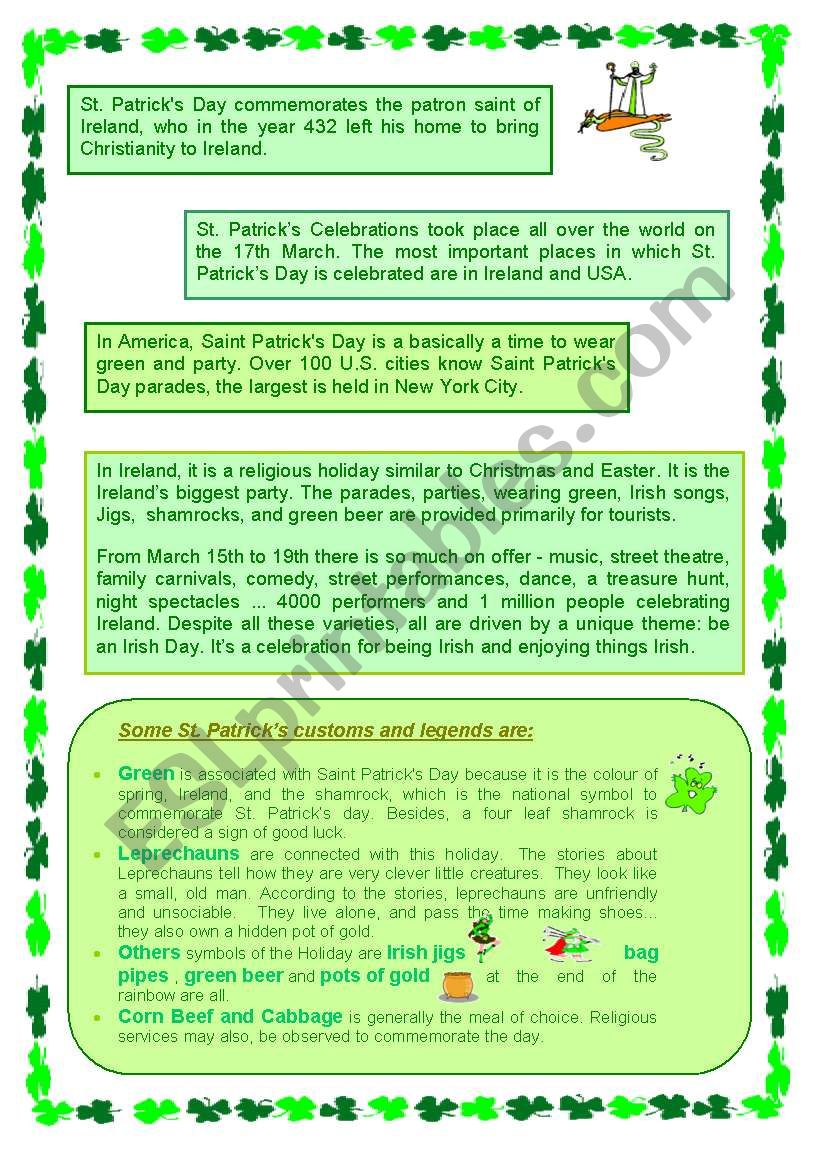 Saint Patrick reading  worksheet