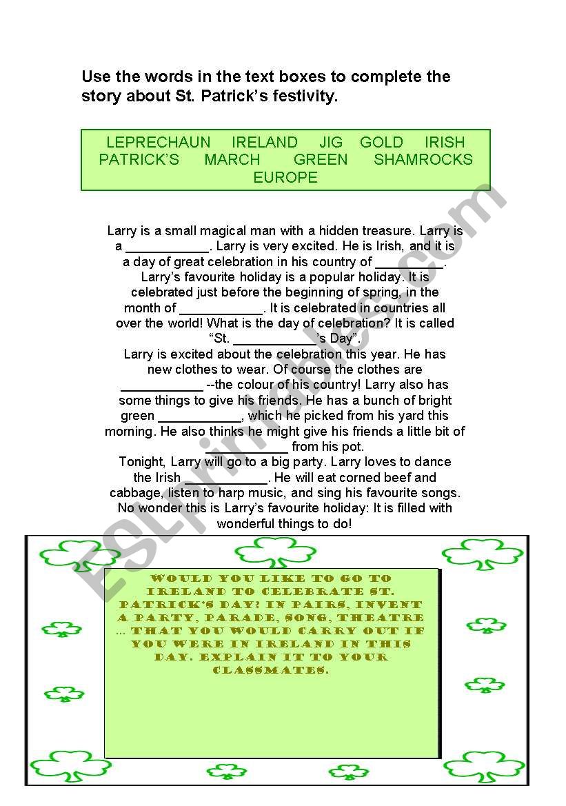 Saint Patrick comprenhension worksheet