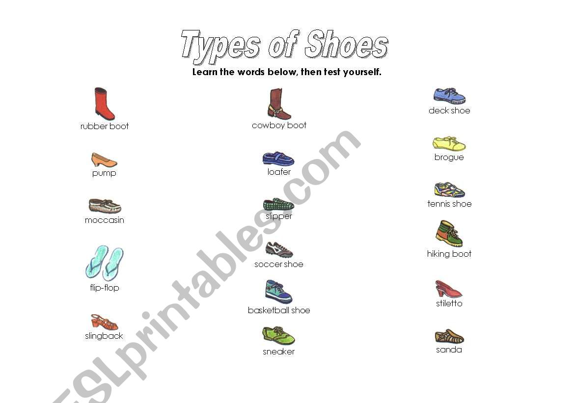 types of shoes worksheet