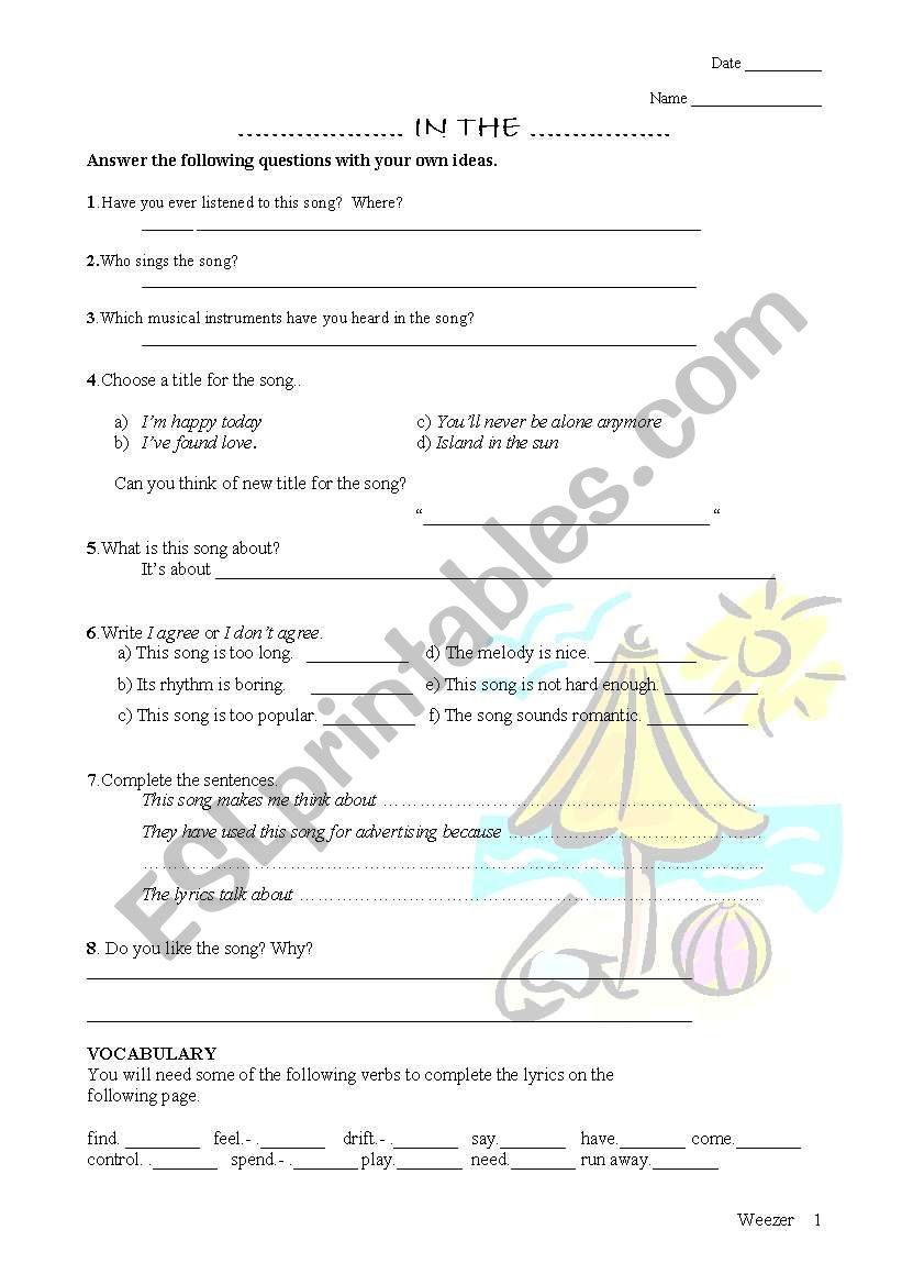 Island in the Sun worksheet