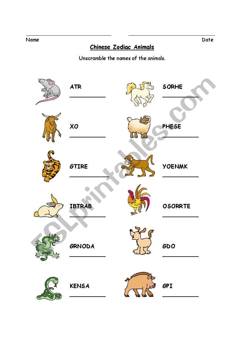 Chinese Zodiac Animal Word Scramble