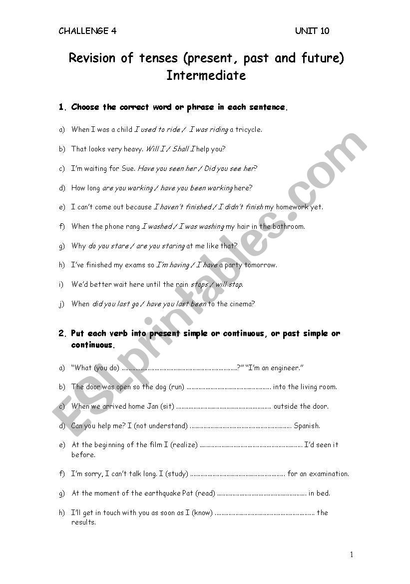 Revision of tenses worksheet