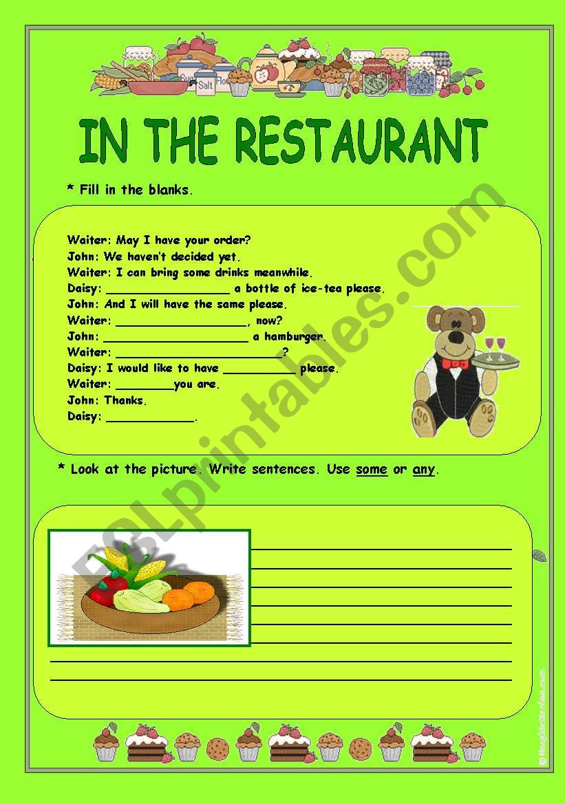 in the restaurant some any worksheet