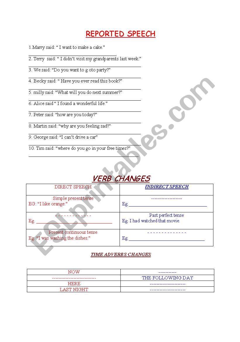 REPORTED SPEECH worksheet