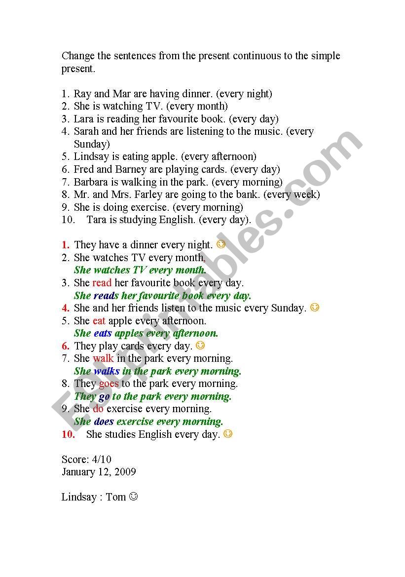 Changing Present Continuous to Simple Present