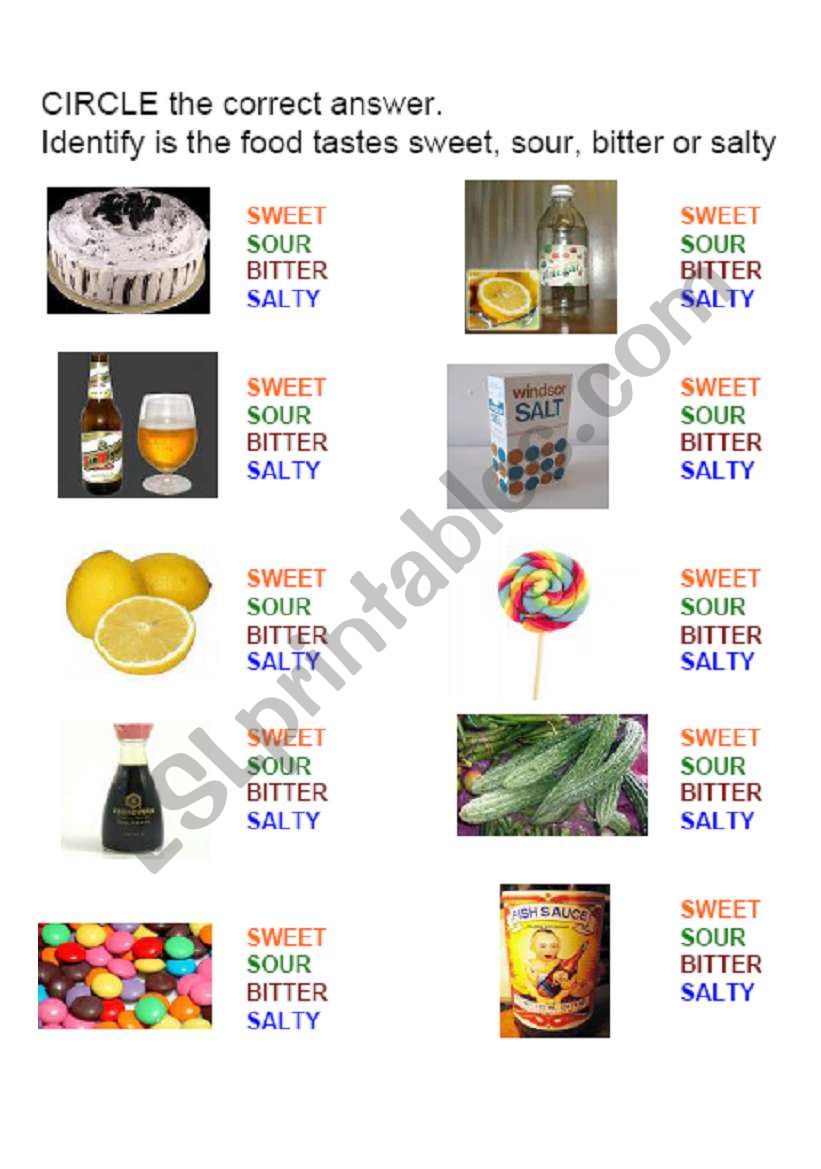 identfying different taste worksheet