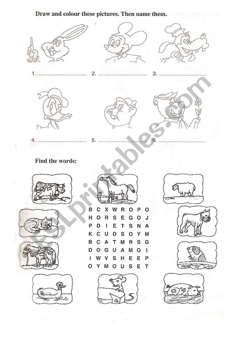 cartoons and animals wordsearch