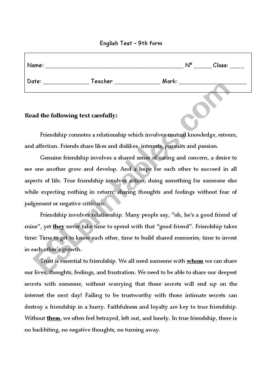 test on friendship worksheet