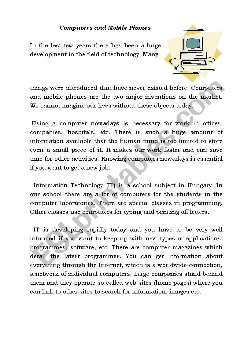 Computers and Mobile Phones worksheet