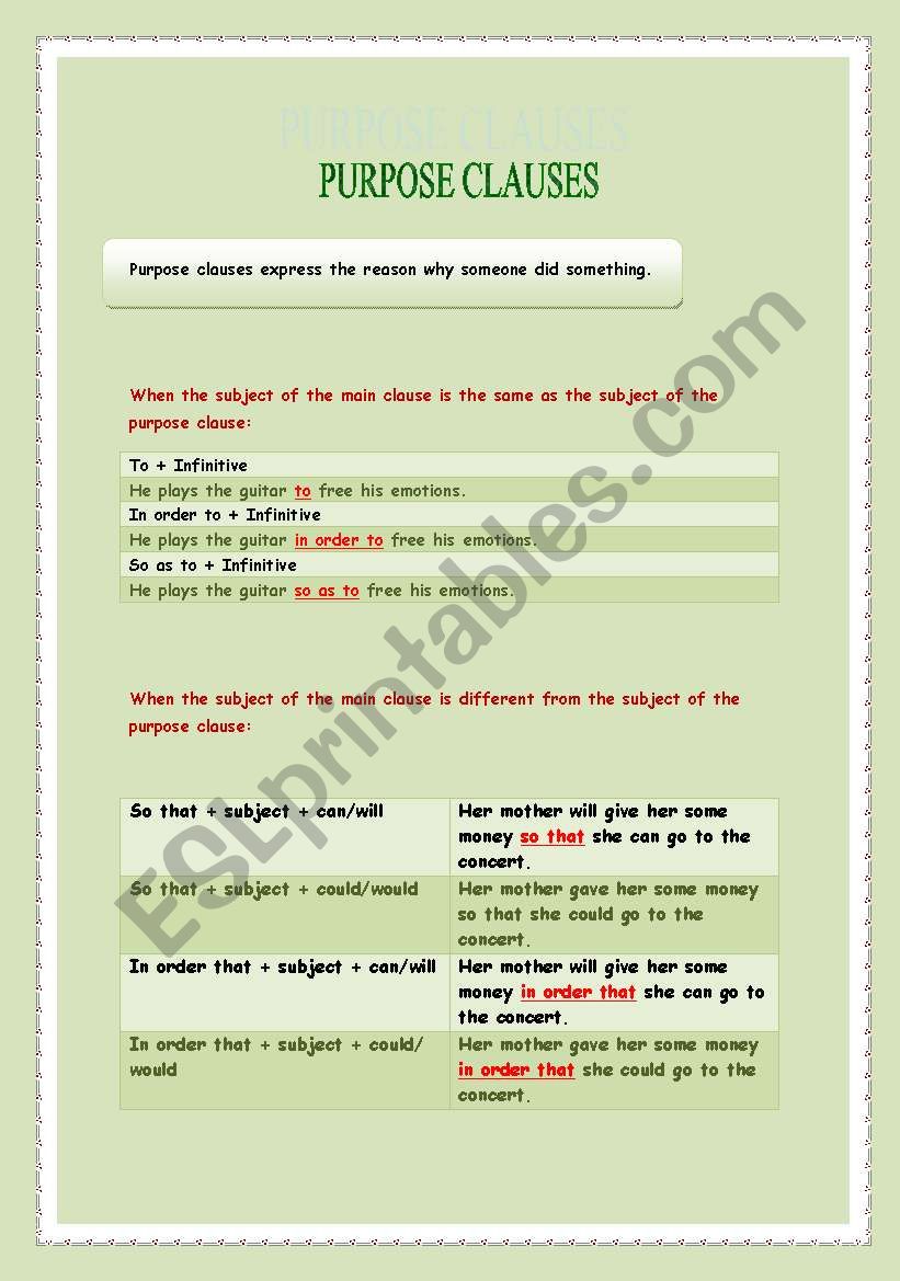 Purpose clauses worksheet