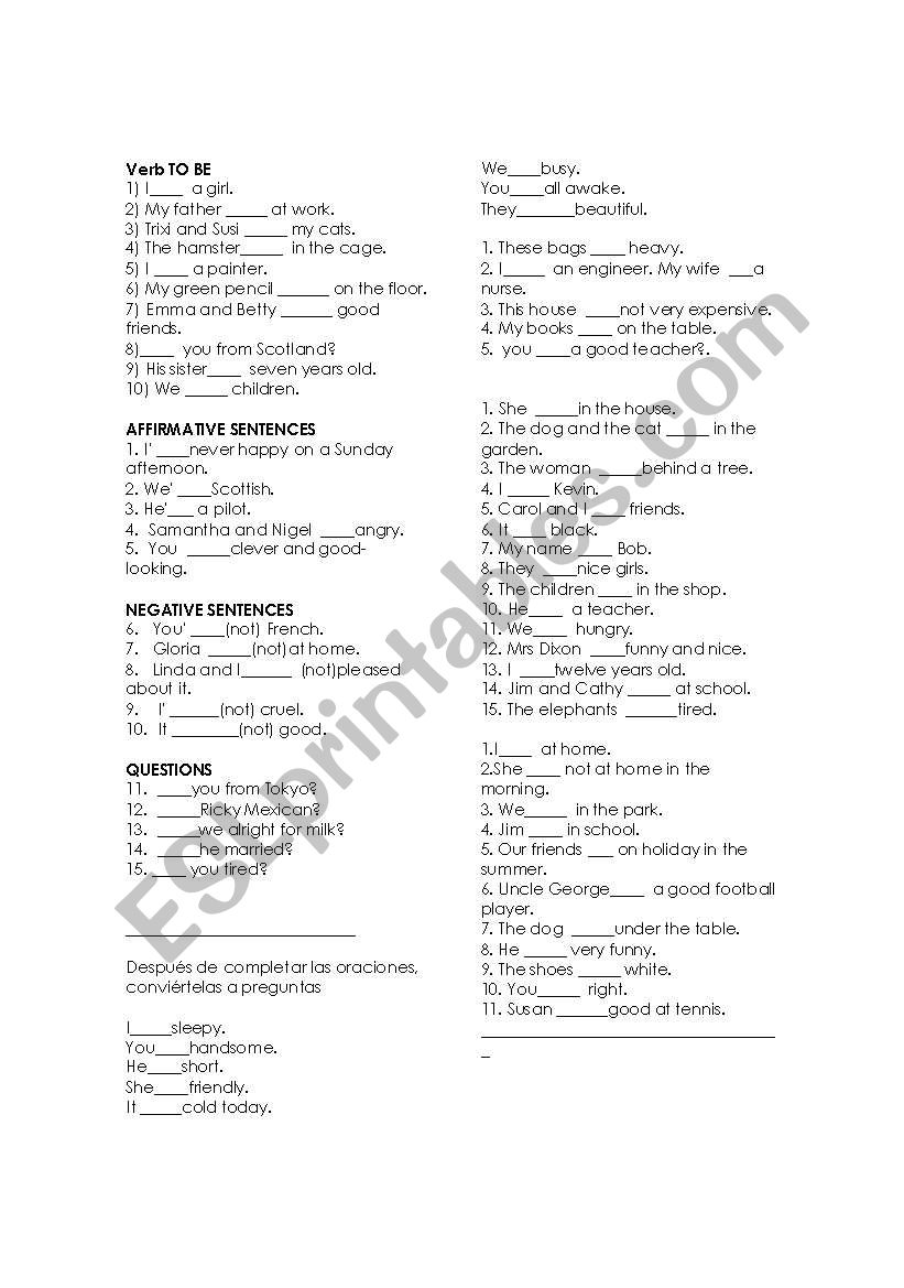 verb to be worksheet