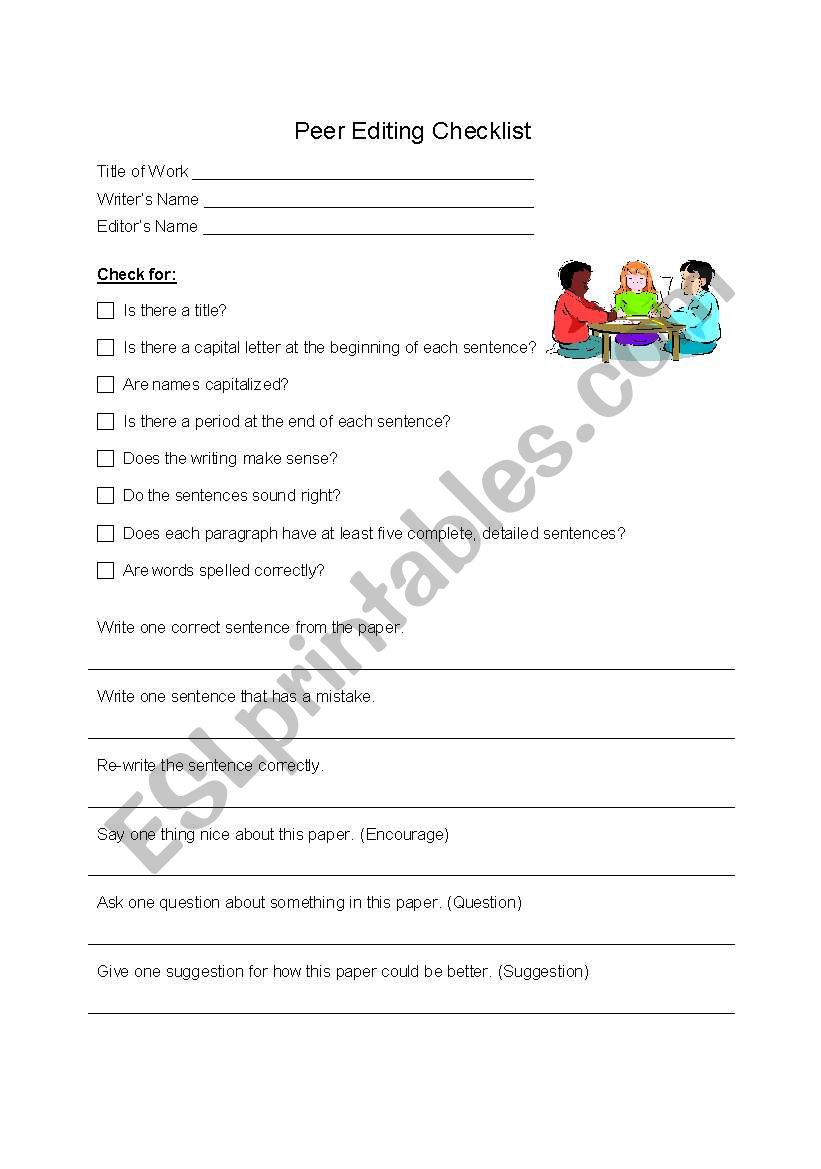 Peer Editing Checklist worksheet