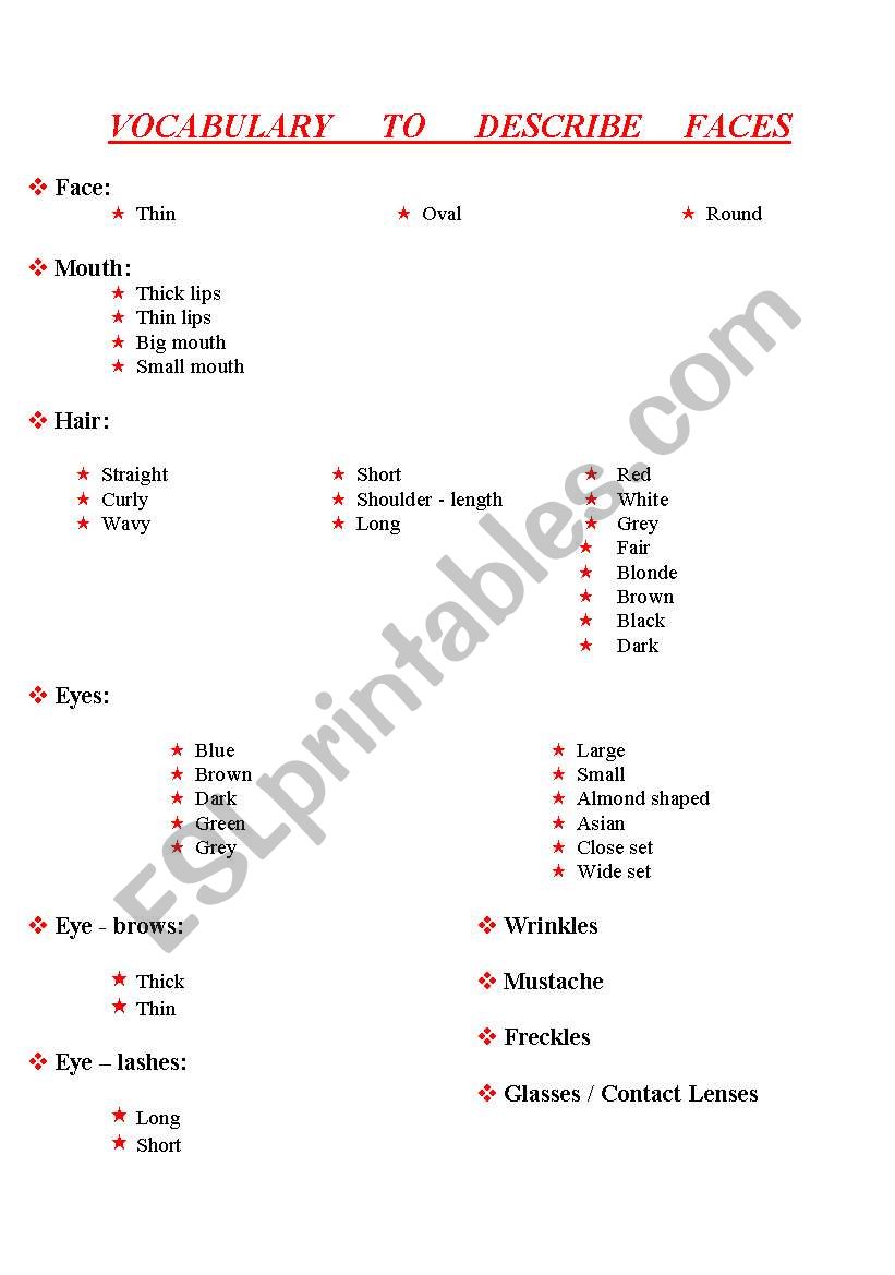 Vocabulary to describe faces worksheet