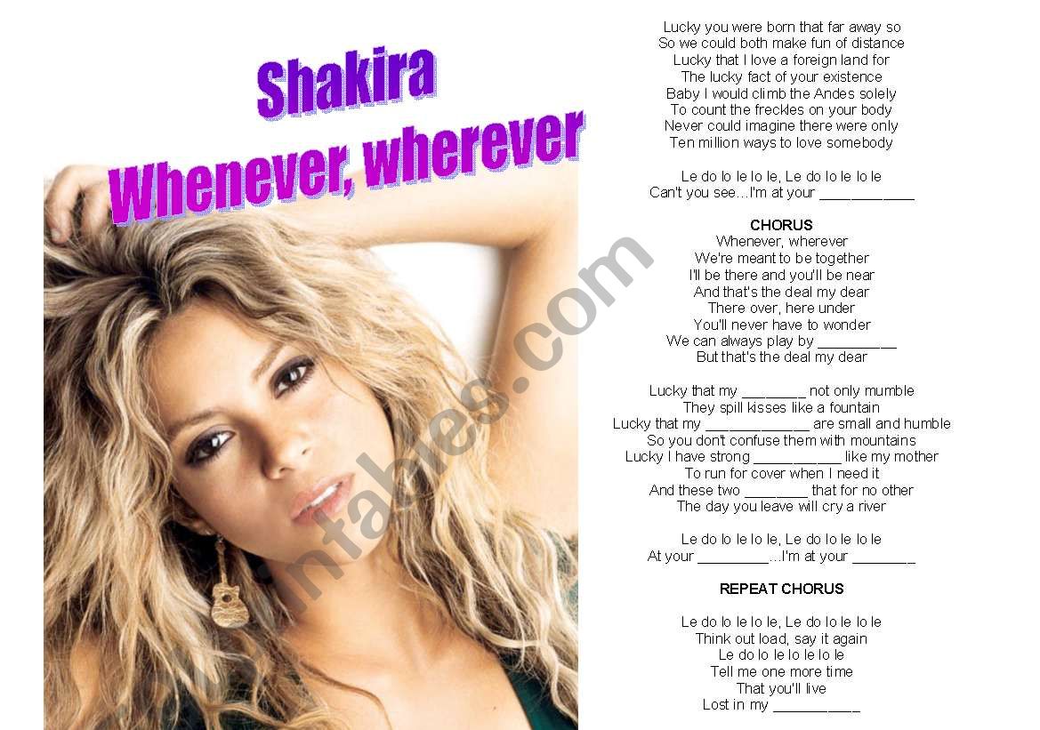 Shakira - Whenever, wherever worksheet