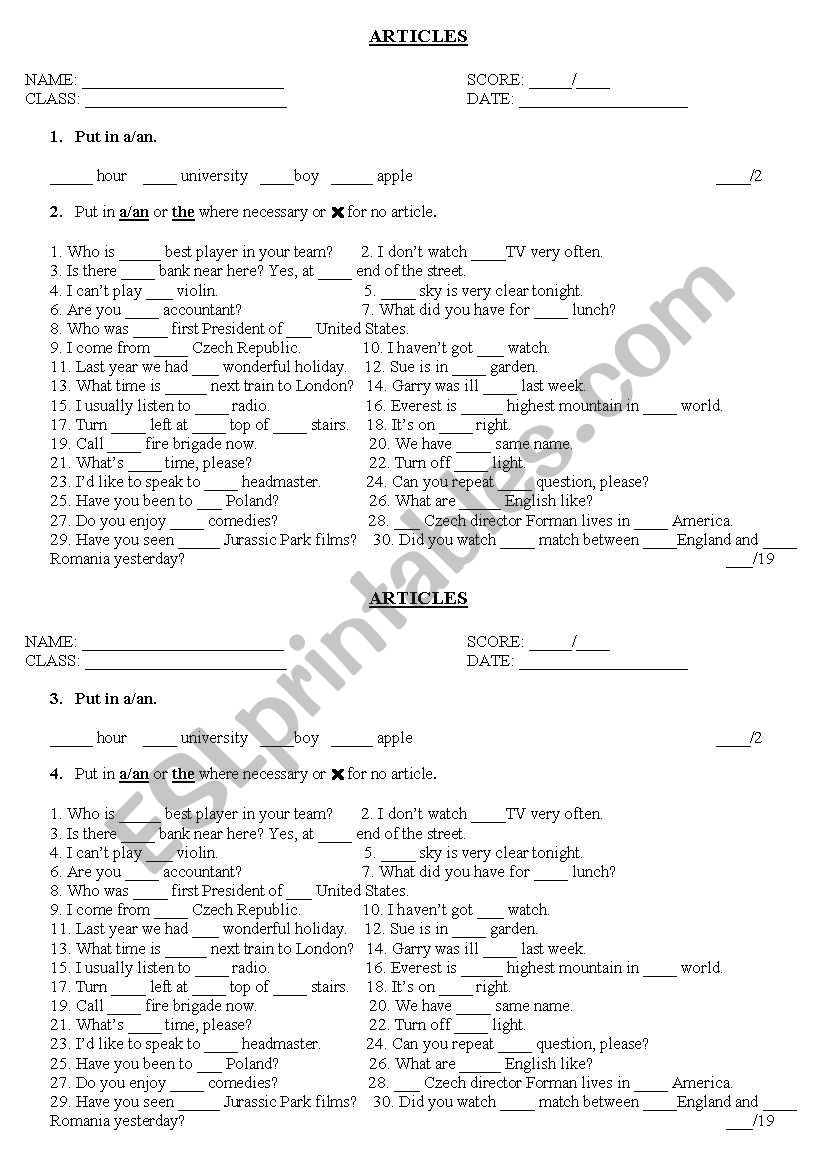 ARTICLES worksheet