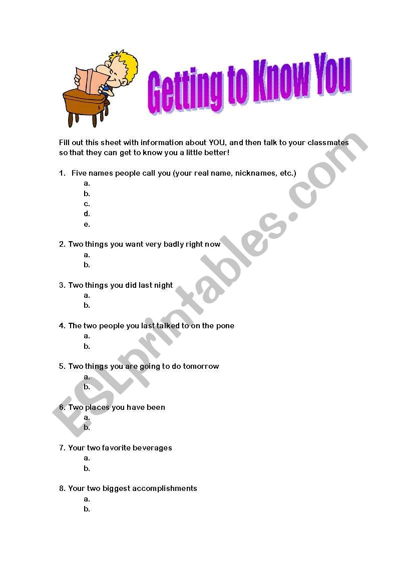 Getting to Know You worksheet