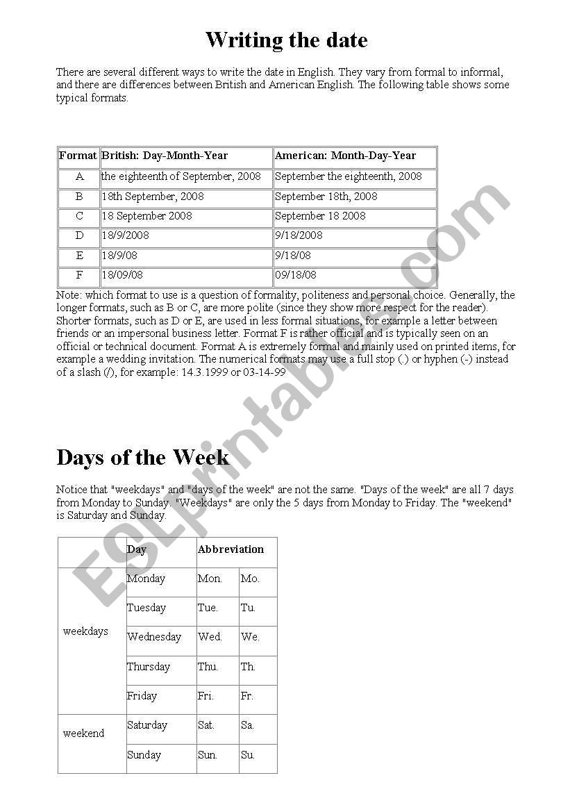 WRITING THE DATE worksheet