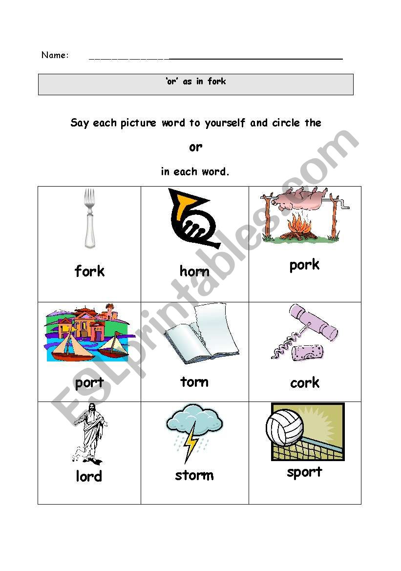 Vowel Phoneme: or worksheet