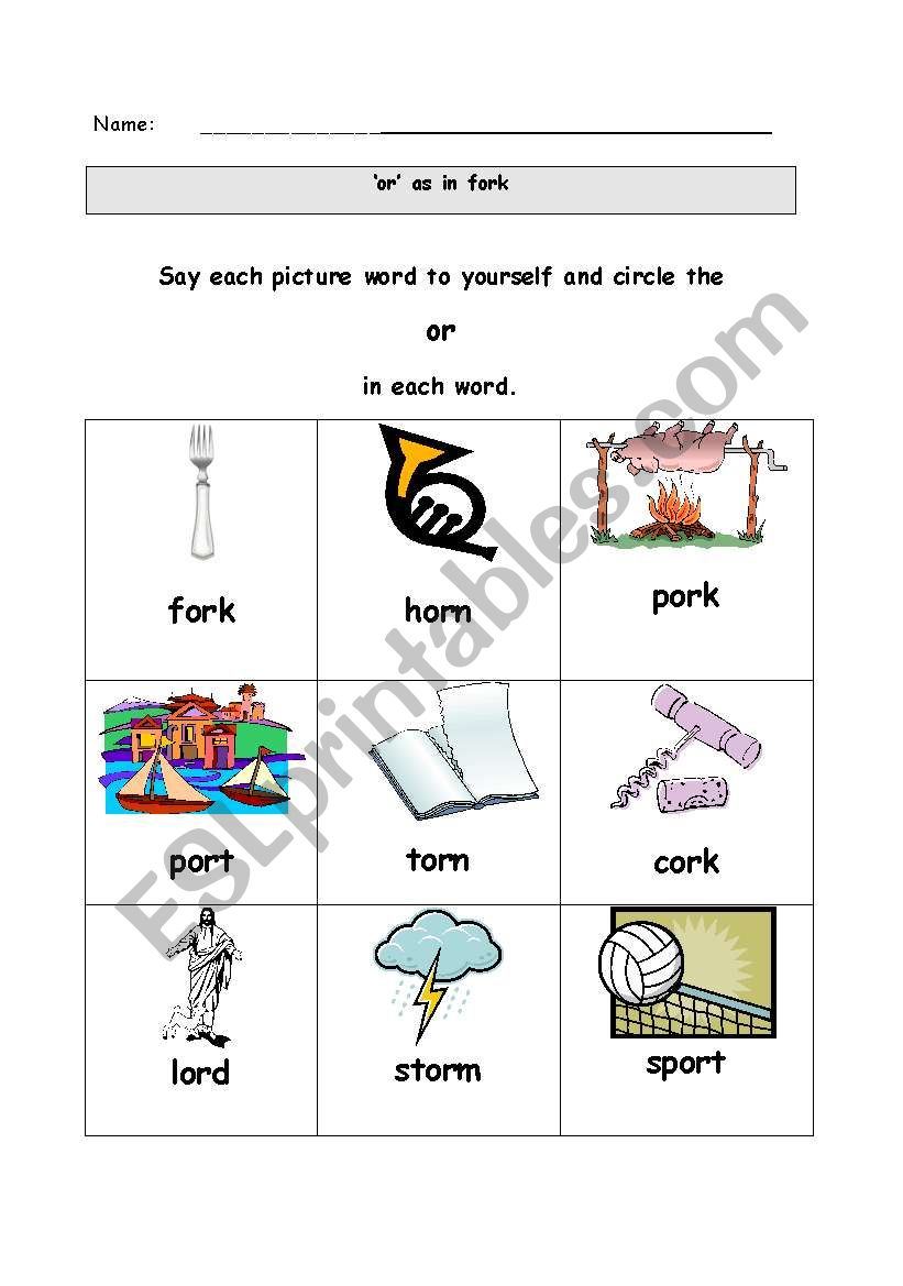 Vowel Phoneme: or worksheet