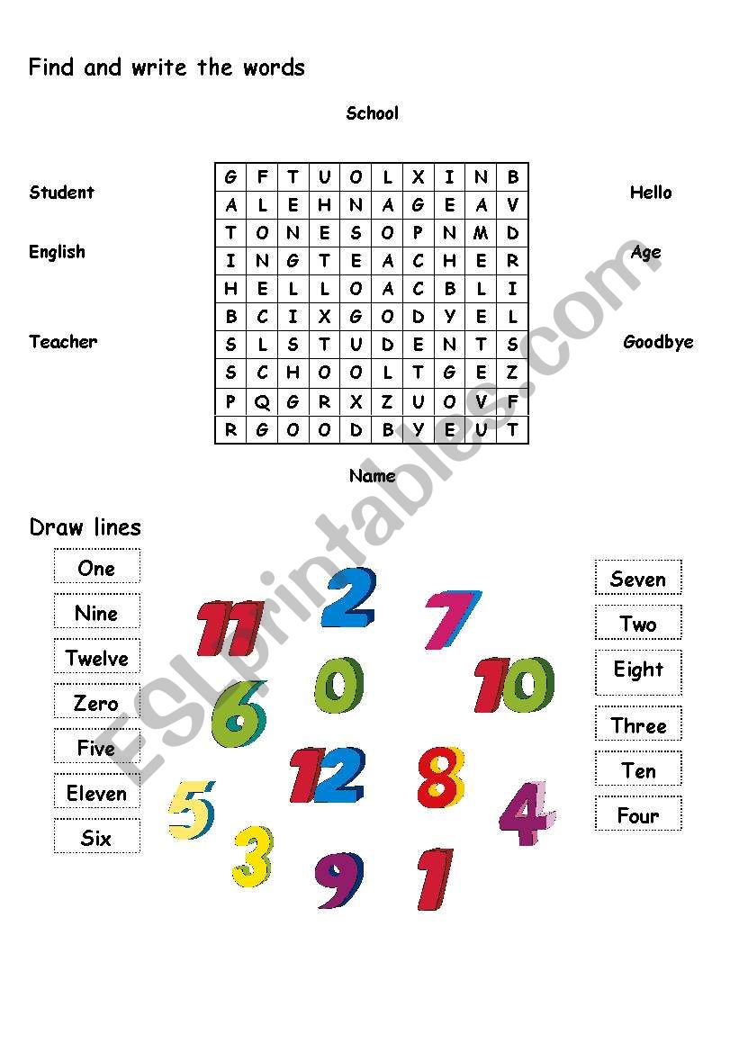 School Language and Numbers worksheet