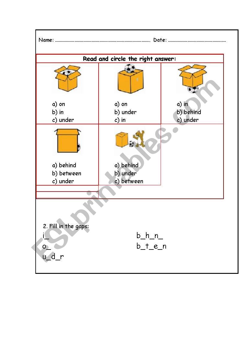 English worksheets: in, on, under, behind, between