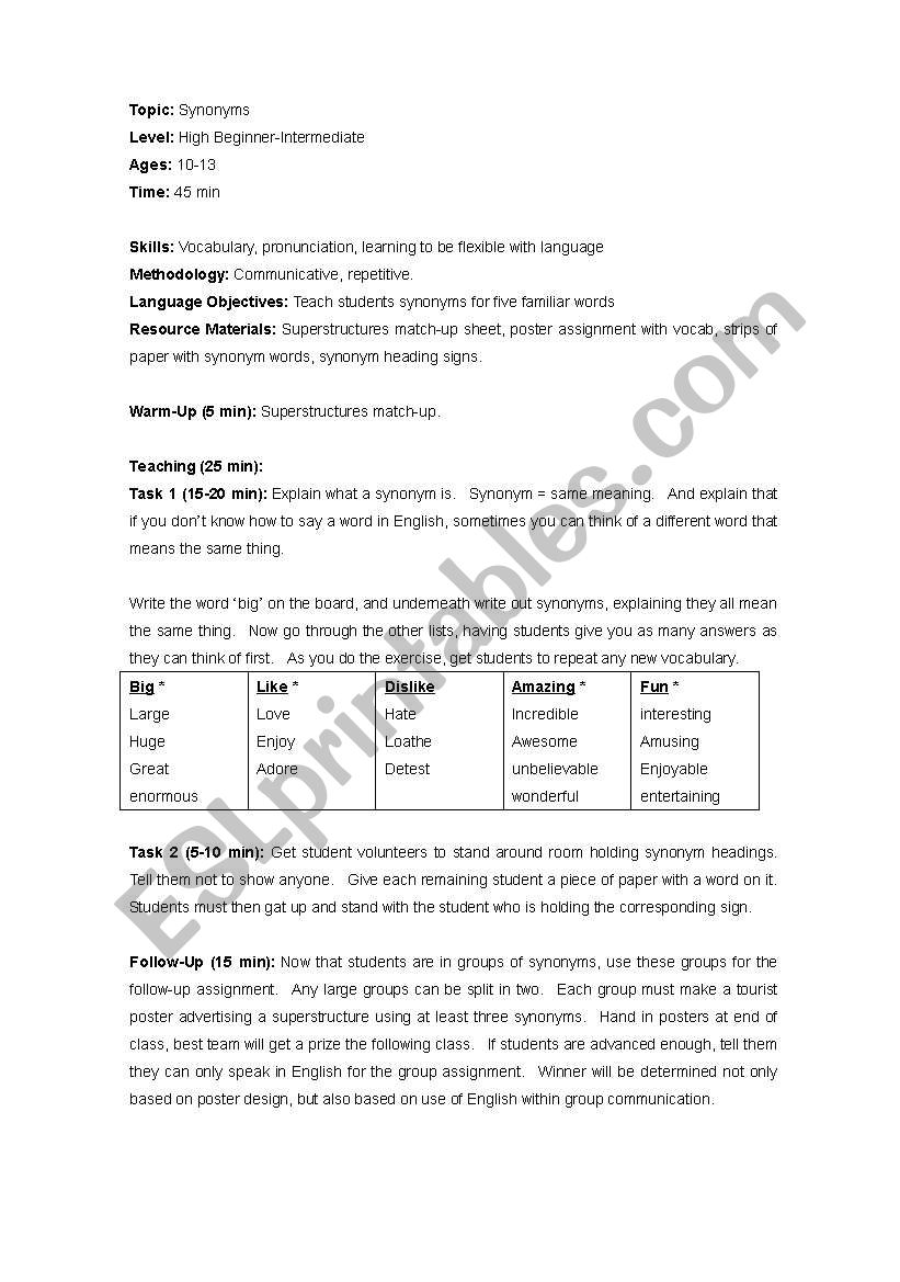 Synonyms Lesson worksheet