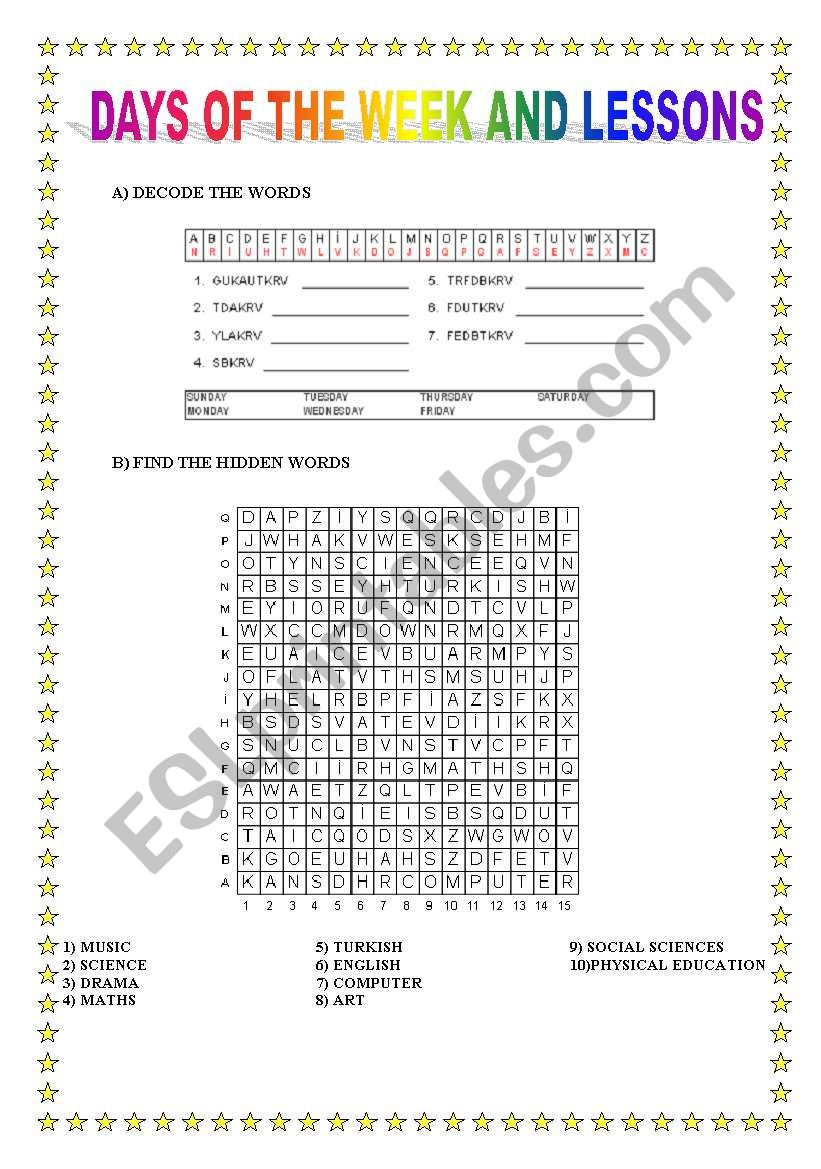 Days of the Week & Lessons worksheet