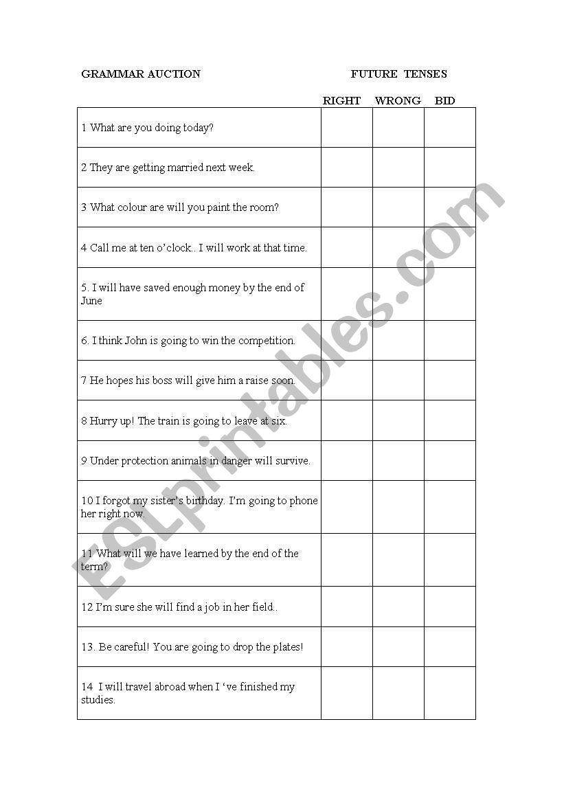 GRAMMAR AUCTION worksheet