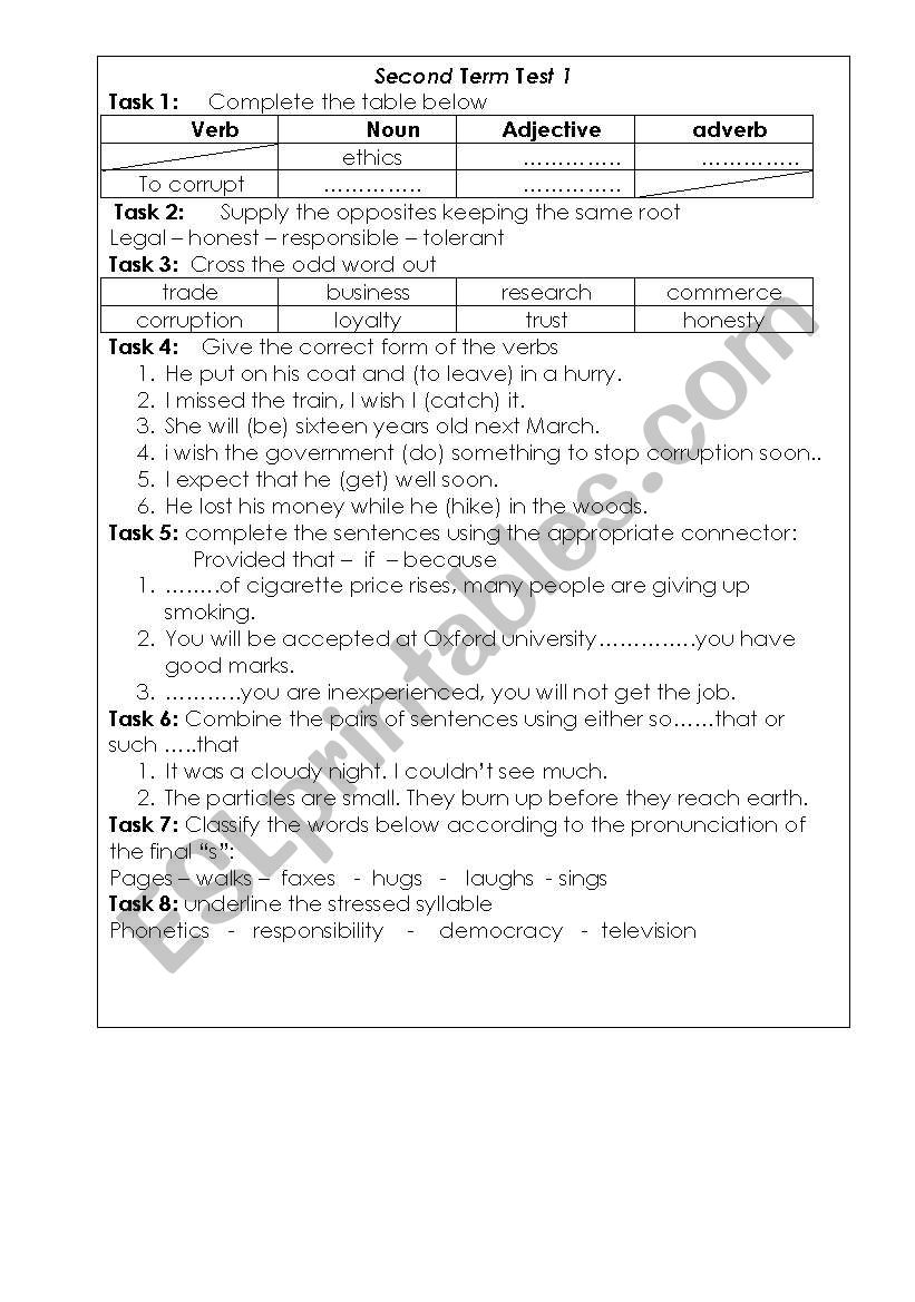 Business EthicsTest  worksheet