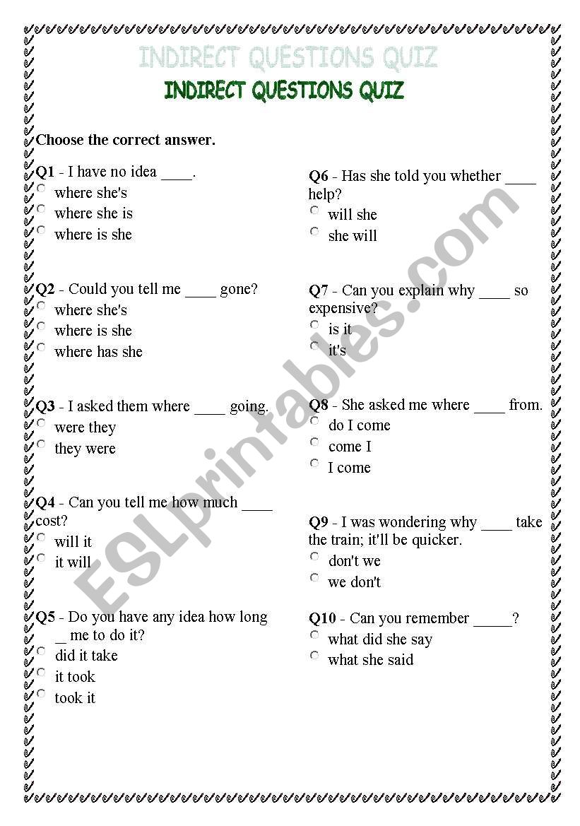 INDIRECT QUESTIONS QUIZ worksheet