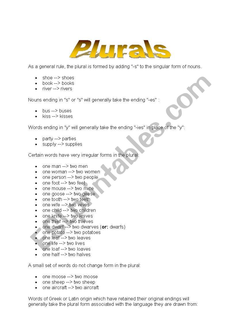 Plurals worksheet