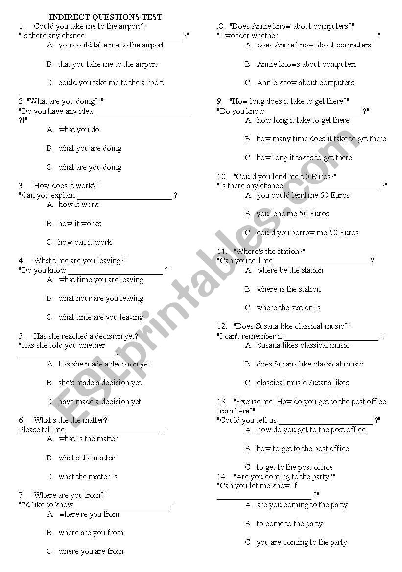 INDIRECT QUESTIONS TEST worksheet