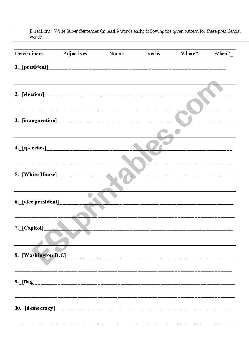 Presidential Super Sentences worksheet