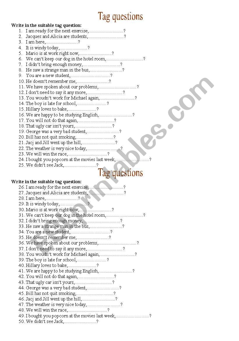 tag questions worksheet