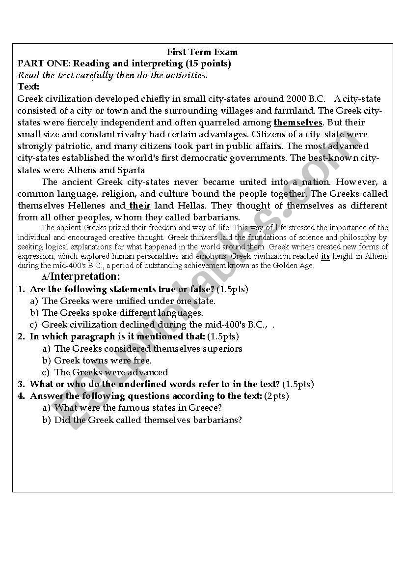 Greek Civilisation Exam worksheet