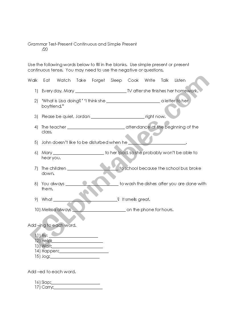 Simple Present and Present Continuous/Spelling Worksheet