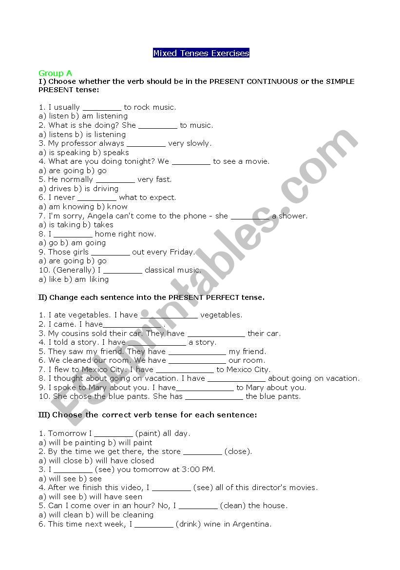 Mixed Tenses Exercises worksheet