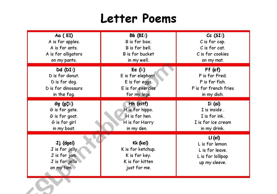 letter poems worksheet