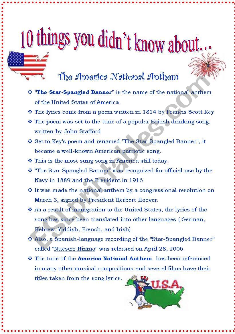 the-star-spangled-banner-esl-worksheet-by-sldiaz