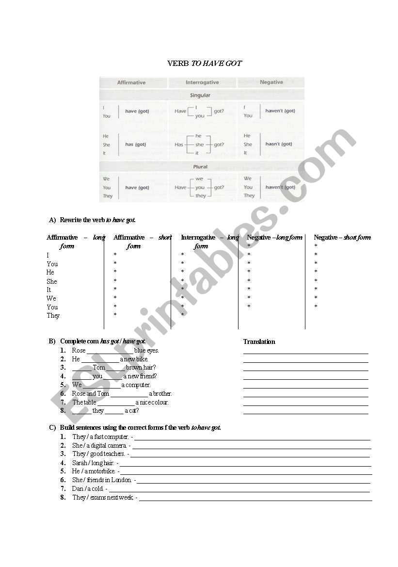 Verb have got worksheet