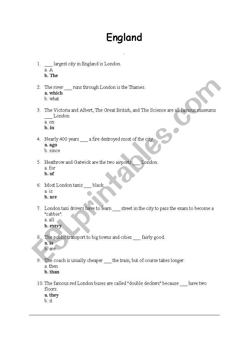 England worksheet