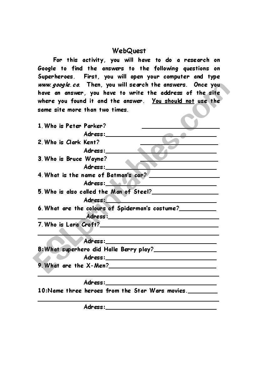 Superheroes Webquest worksheet