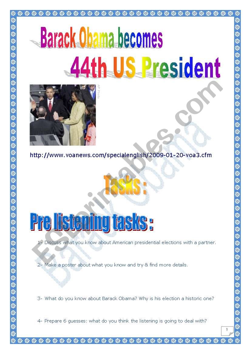 Barack H. Obama becomes 44th President (listening or reading tasks) 