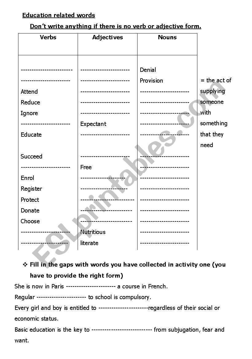 education related words worksheet