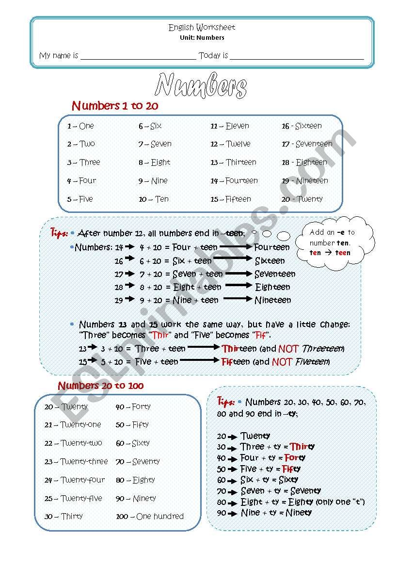 Numbers from 1 to 100 - tips & exercises