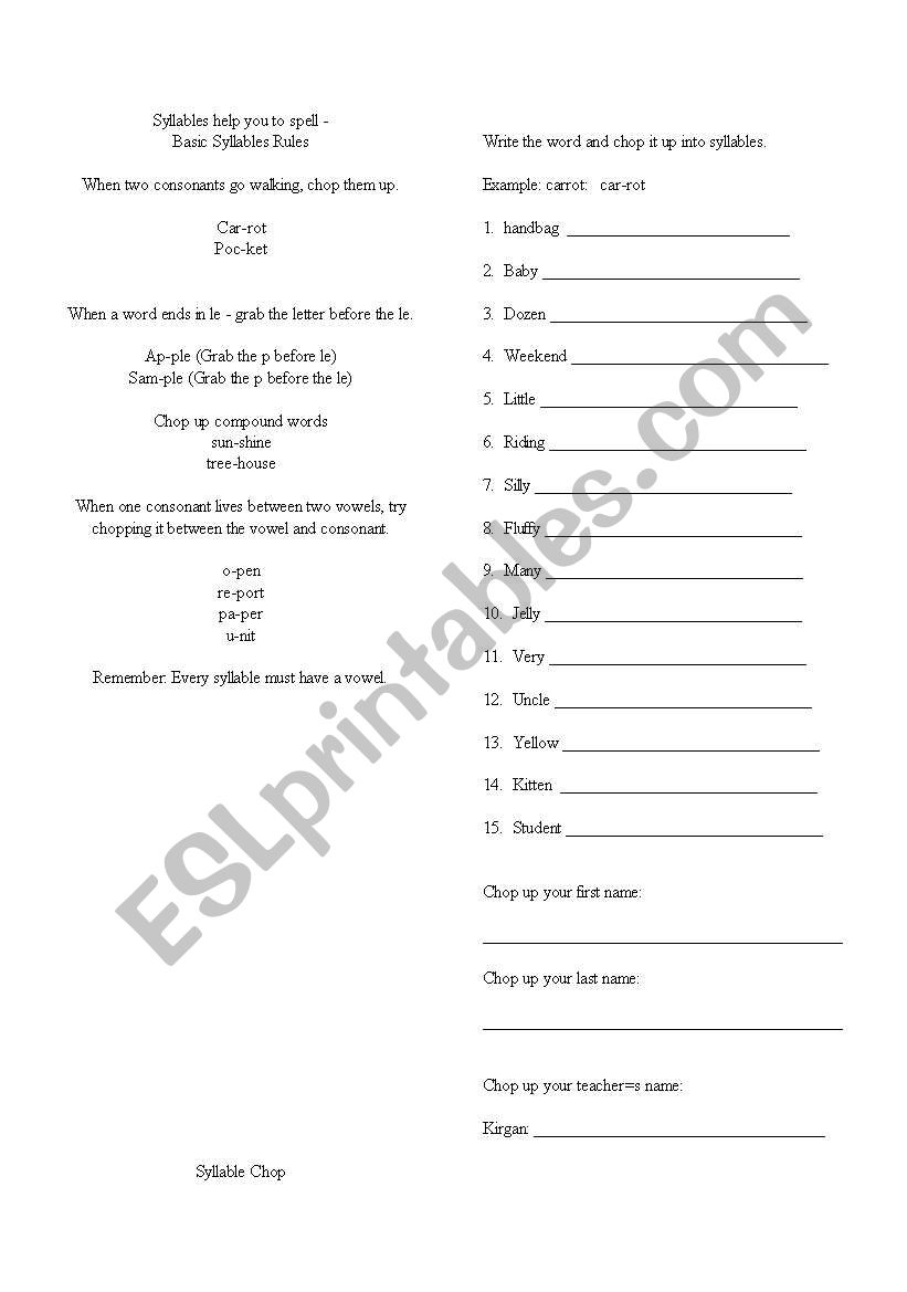 Syllable Chop worksheet