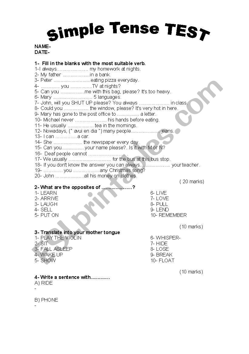 Simple tense test worksheet